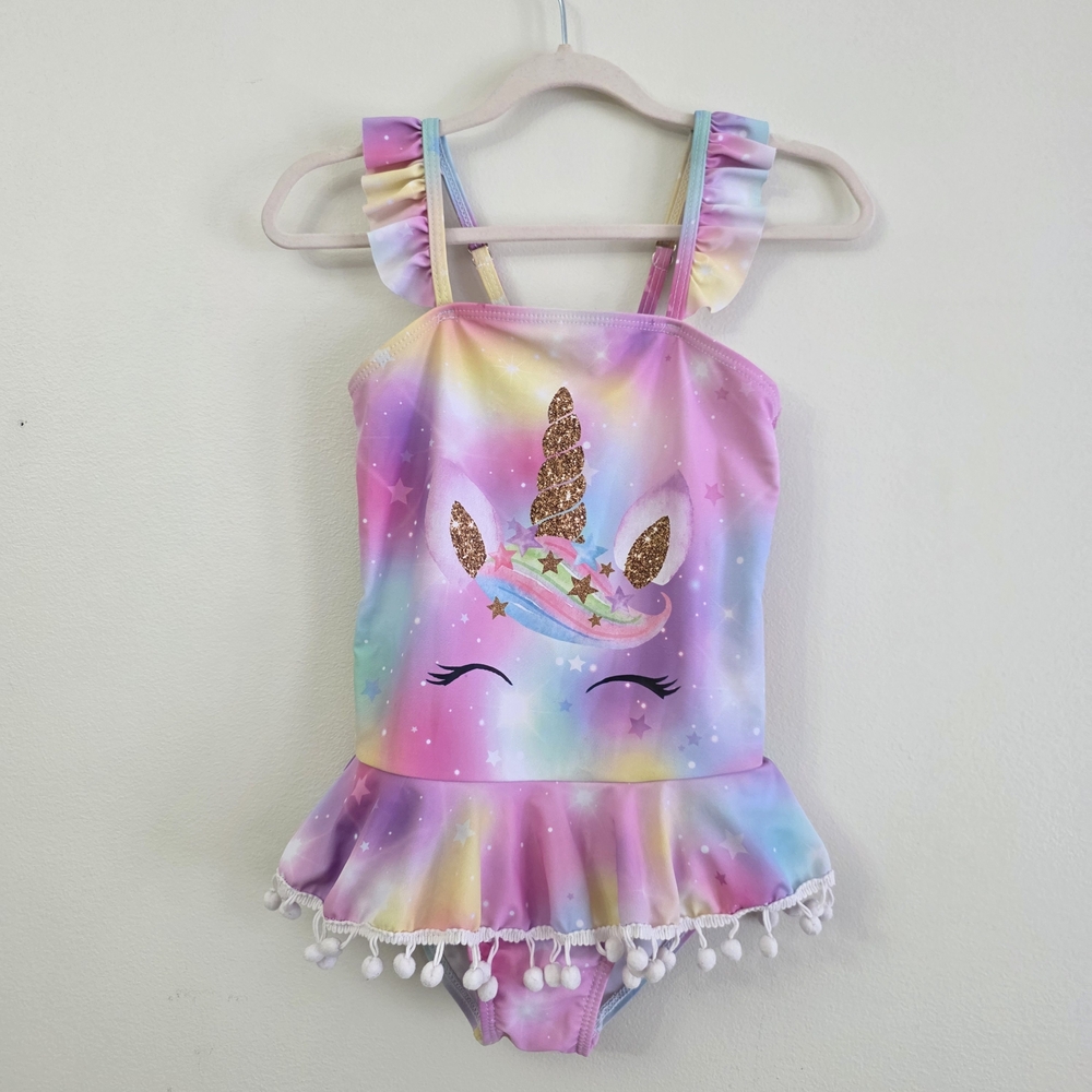 SHEIN Girls Pastel Rainbow Unicorn One-Piece Swimsuit with Pom Trim